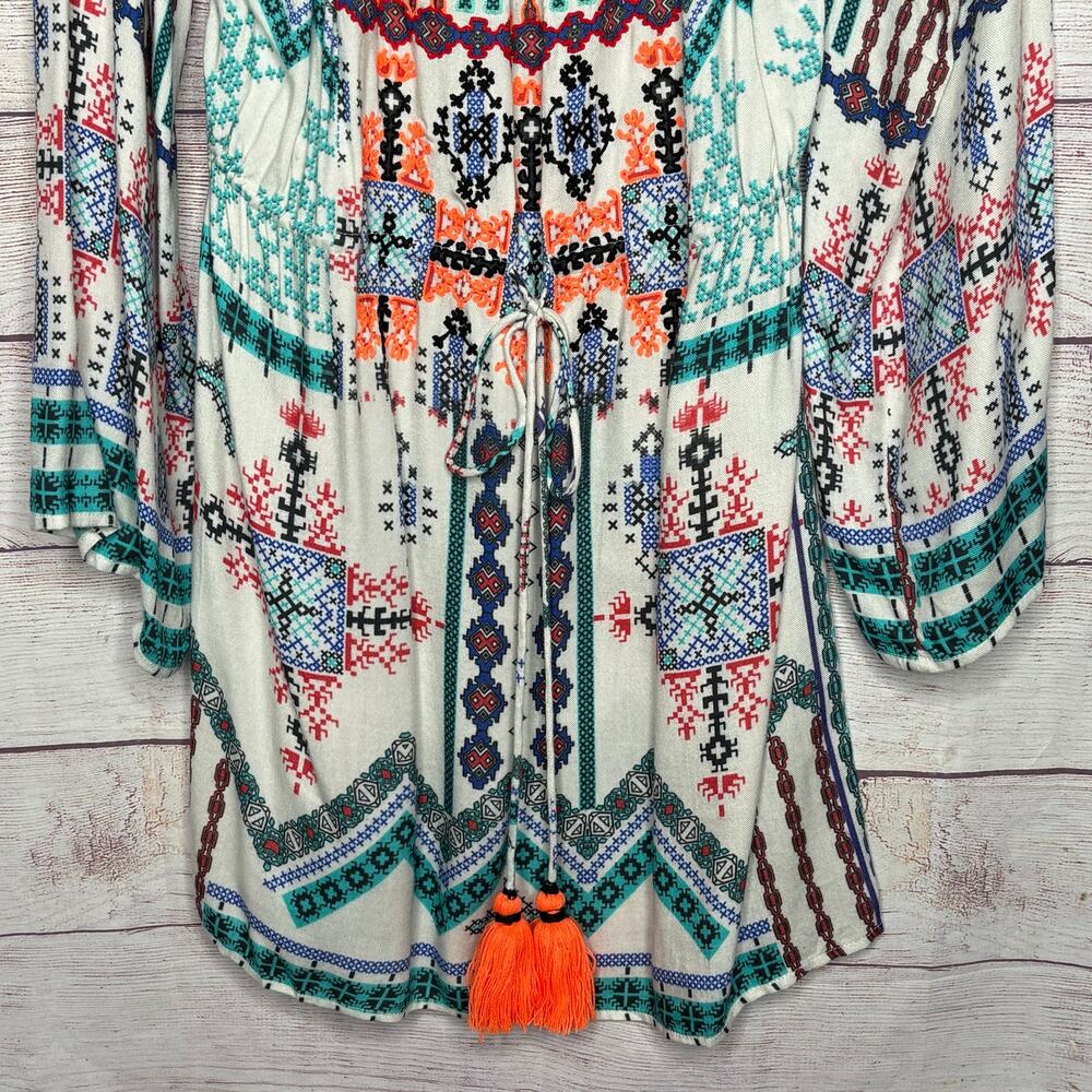 Hemant & Nandita Boho Off Sholder Embroidered Tassel Smocked Mini Dress Medium - Picture 6 of 15